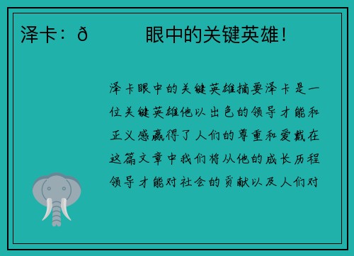 泽卡：👀眼中的关键英雄！